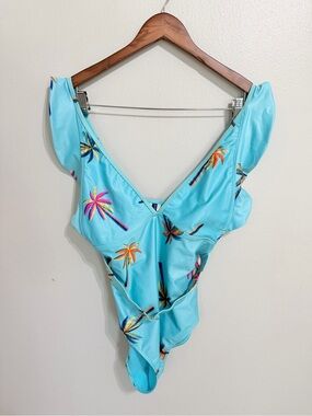 Weekend Blue Palm Tree Ruffle Flutter Sleeve One Piece Swimsuit
